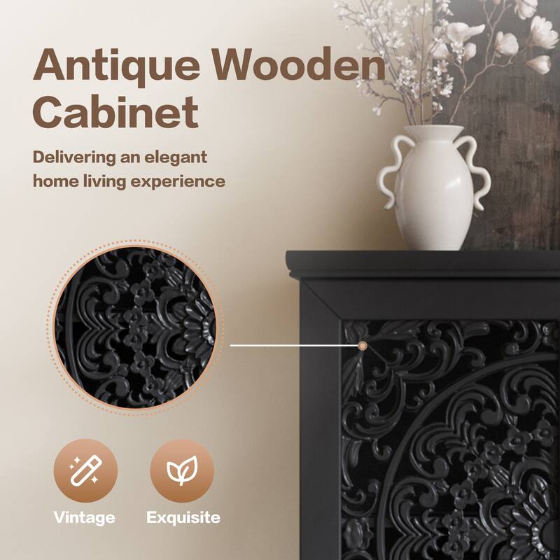 Carved Accent Cabinet Kitchen Pantry Cabinet with Doors, 55" Tall Storage Cabinet with Solid Wood Legs