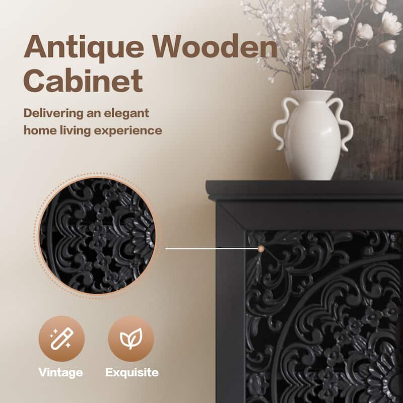 Rossetta Rustic Vintage Design 2-Door Carved Wood Storage Cabinet with Drawer, Solid Wood Legs