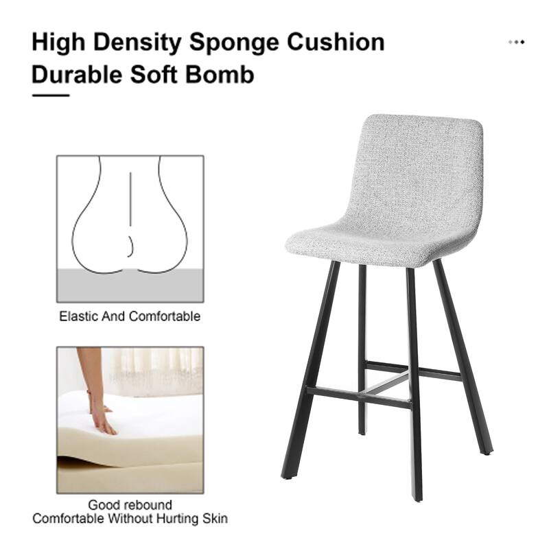 Rossetta 2-Piece Contemporary Light Gray Fabric Bar Stool Set with Reinforced Integrated Footrest and Metal Frame