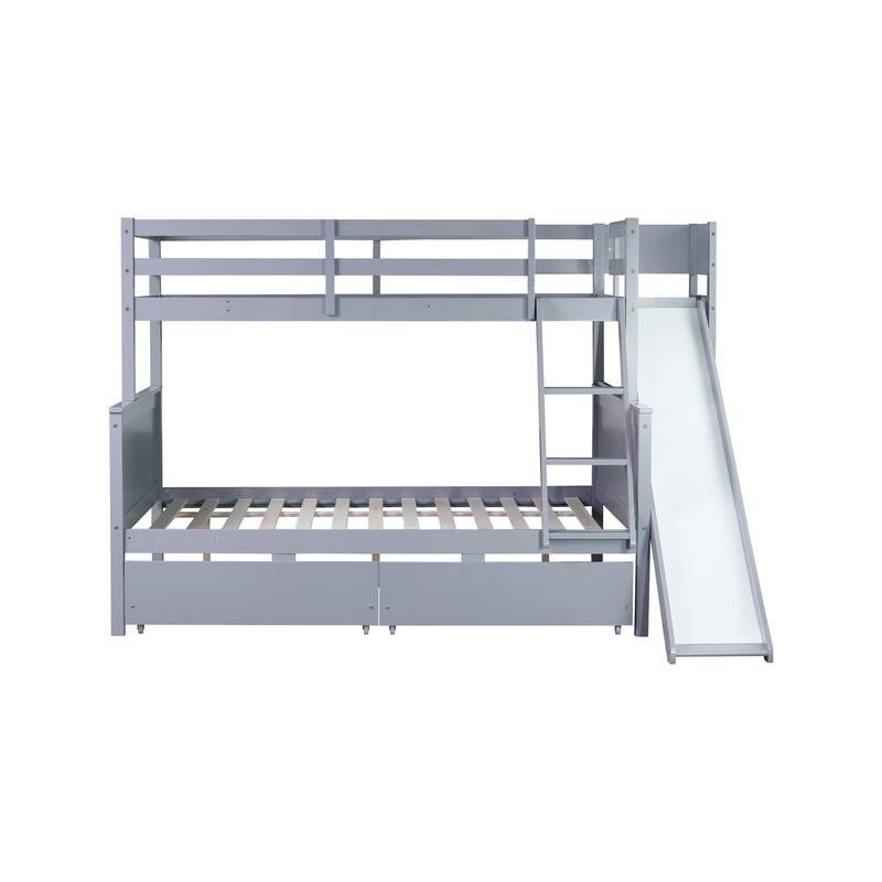 Twin over Full Bunk Bed with Slide, Drawers, Shelves, and Ladder in Grey
