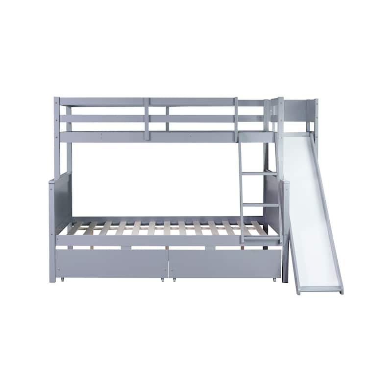 Twin over Full Storage Bunk Bed with 2 Drawers, Shelves, Slide and Ladder, Wooden Low Bunk Bed Frame, Rubber Wood Kids Bunk Bed