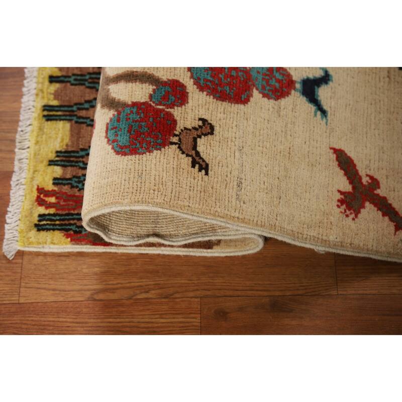 Animals Pictorial Kazak Oriental Foyer Rug Handmade Beige Wool Carpet - 2'0" x 3'0"