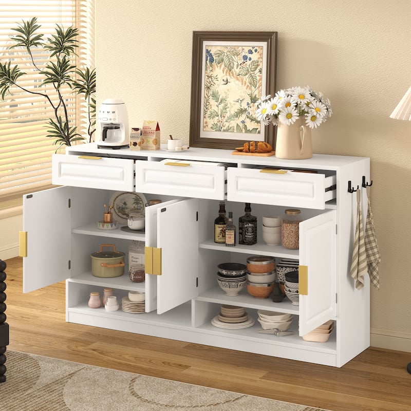 Sideboard with 4 Doors & 3 Drawers, Buffet Cabinet with Adjustable Shelf & Open Shelf, Multi-Functional Wooden Storage Cabinet