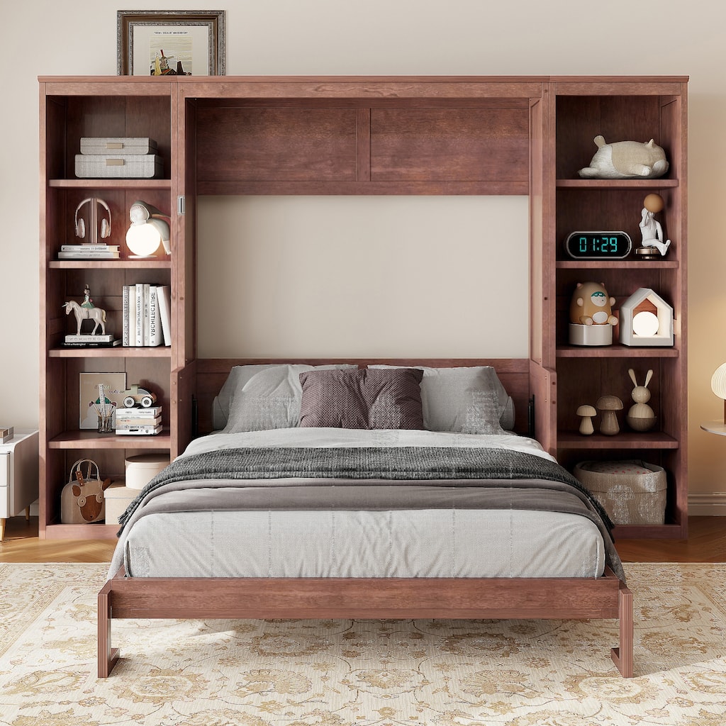 Dark Brown Murphy Bed with Bookshelf and Desk