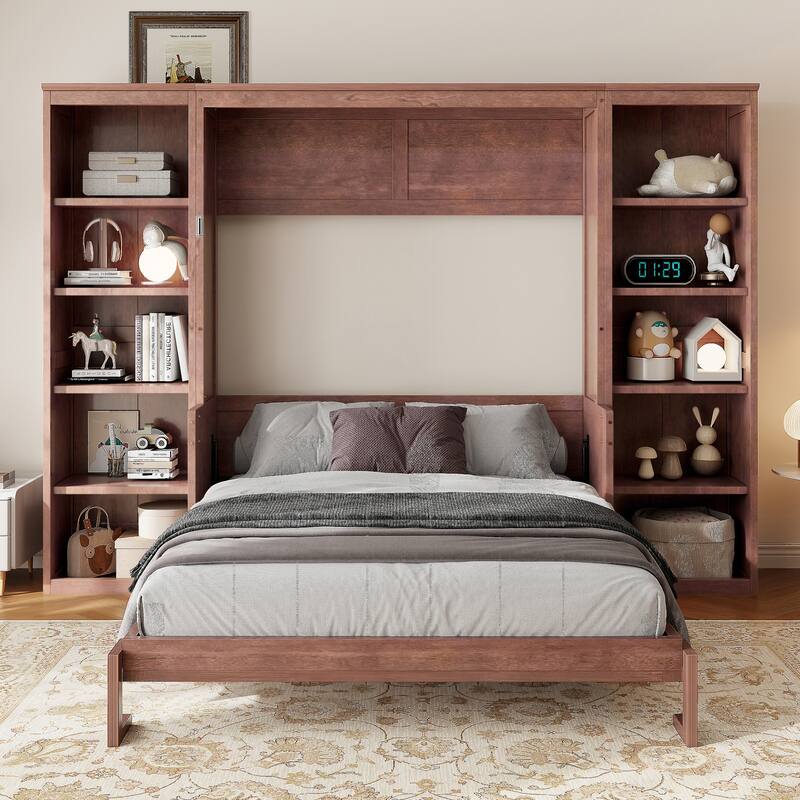 Roomfitters Full/Queen Size Murphy Bed with Desk and Bookshelf Storage, Space Saving, Dark Brown