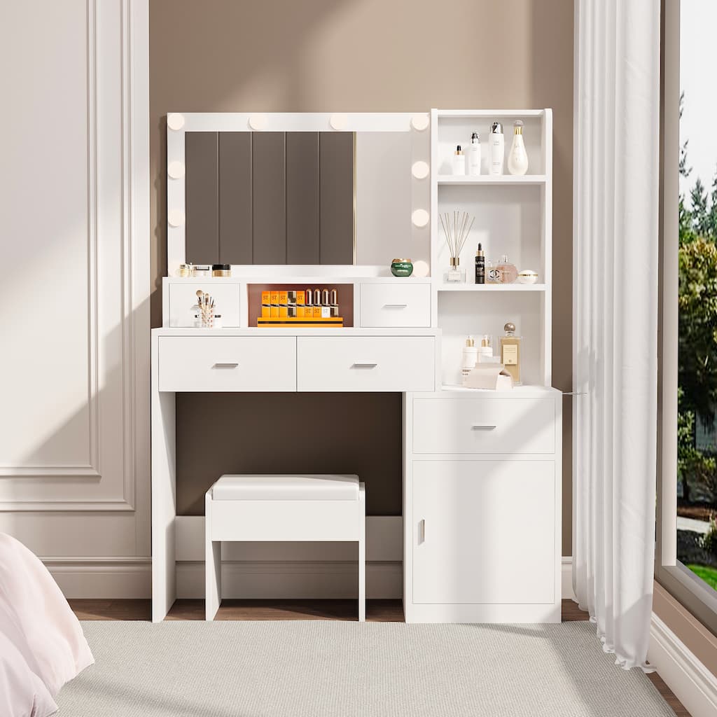 Dressing Vanity Tables with Mirror and Light, with a Hair Dryer Rack, Dressing Table with Open Shelves, Drawers