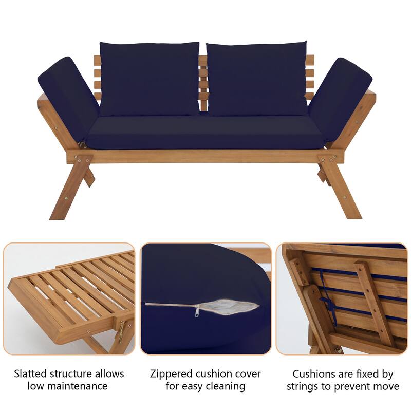 78" Outdoor Acacia Wood Expandable Daybed with Cushions Patio benches and Pool loungers