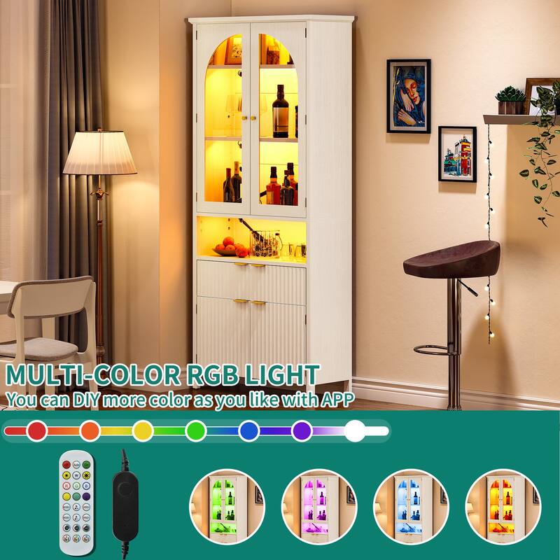 Moasis 72" Modern LED Bookshelf 6-tier Bookcase with Arched Glass Doors and Drawer