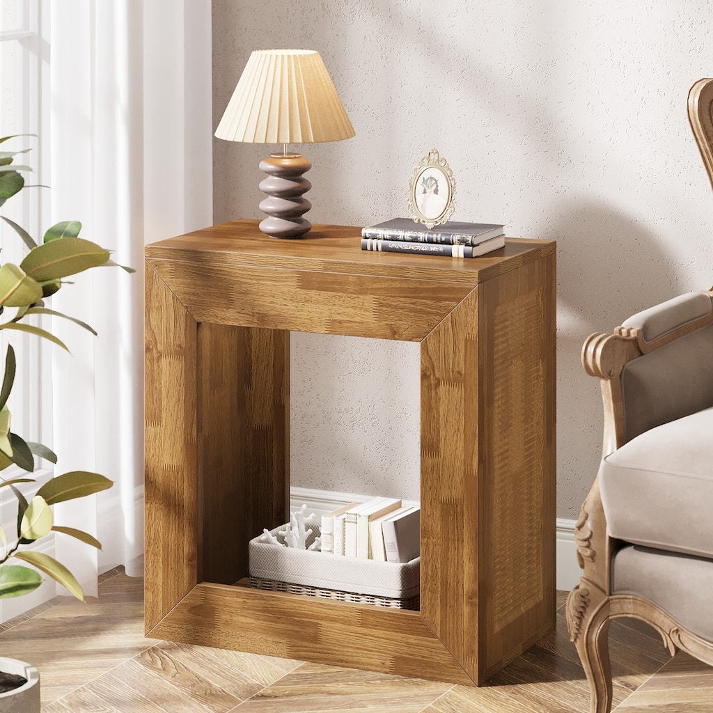 2 Tier Square End Table for Living Room/Bedroom, Wood Sofa Side Table with Storage Shelf
