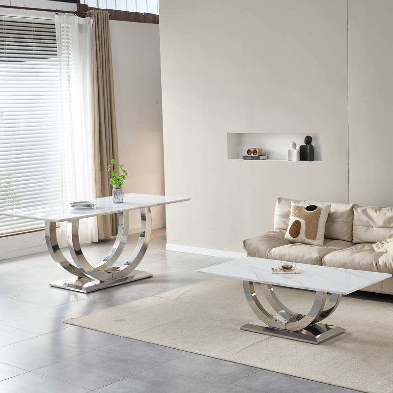 69.30 Inch Rectangular Dining Table, Modern Simple, Marble Tabletop, MDF Tabletop, Suitable For 4-6 People - Silver+White