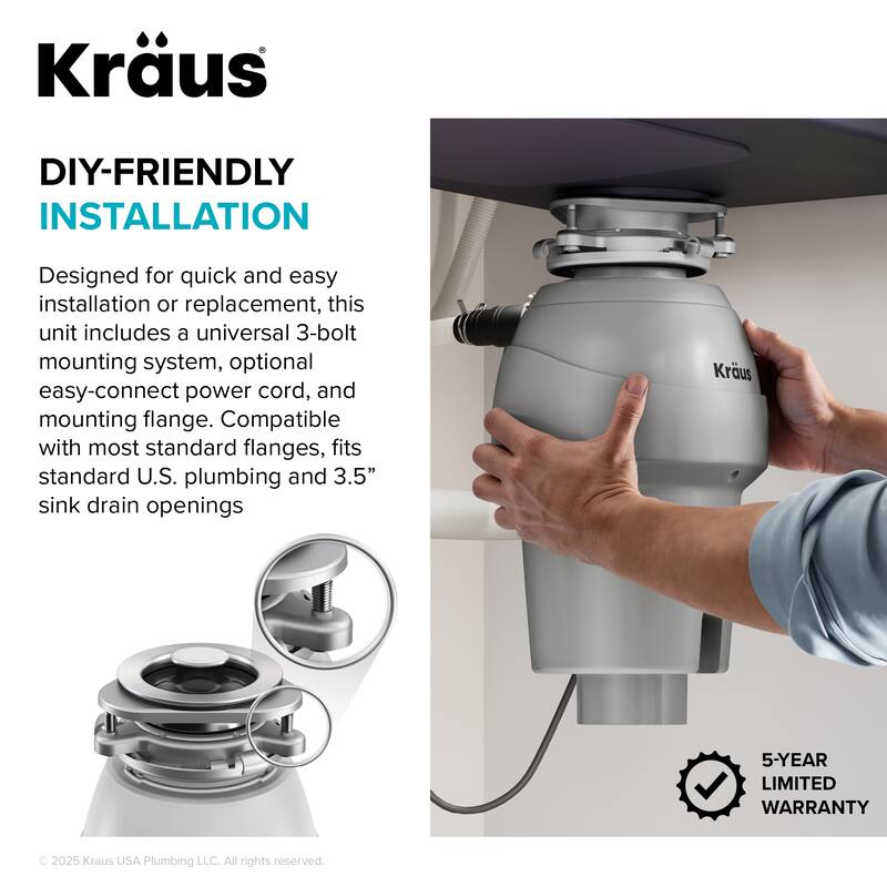KRAUS WasteGuard Continuous Feed Garbage Disposal for Kitchen Sinks
