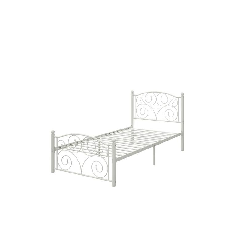 Queen Size Unique Flower Sturdy System Metal Bed Frame with Headboard and Footboard - Antique White
