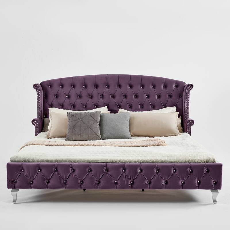 Christopher Knight Home - Larkswood Velvet Upholstered King Size Bed Frame with Wingback Headboard