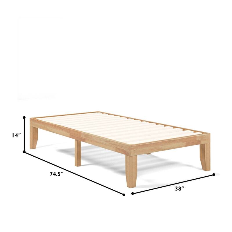 Brown Rubber Wood 14-Inch Twin Size Platform Bed Frame with Wood Slat Support