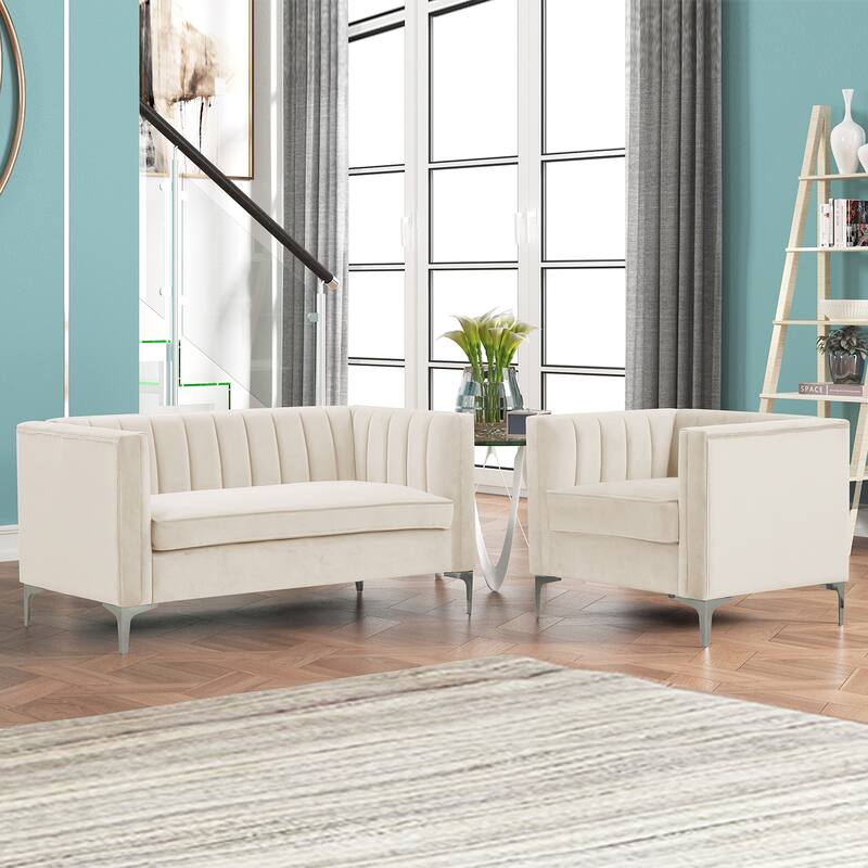 Morden Fort Modern 2 Pieces of Chair and Loveseat Set with Dutch Velvet Grey, Iron Legs