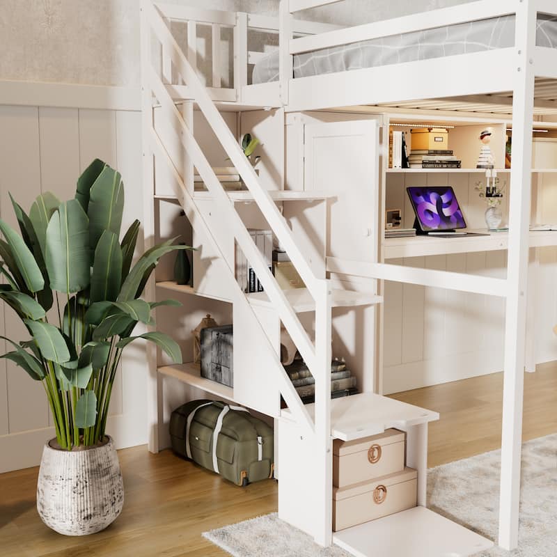 Full Loft Bed with Built-In Wardrobe & Study Desk - Space-Saving Frame with LED Lights & Shelves