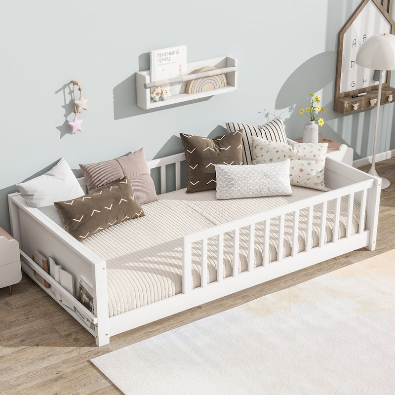 Twin Floor Bed with Built-in Bookcase Rubber Wood Low Profile Platform Bed