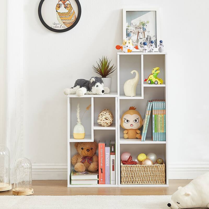 L Shaped Freestanding Ladder Corner Bookshelf, 12 Cubes Stepped Etagere Bookcase, Wooden Storage Cabinet Display Shelf