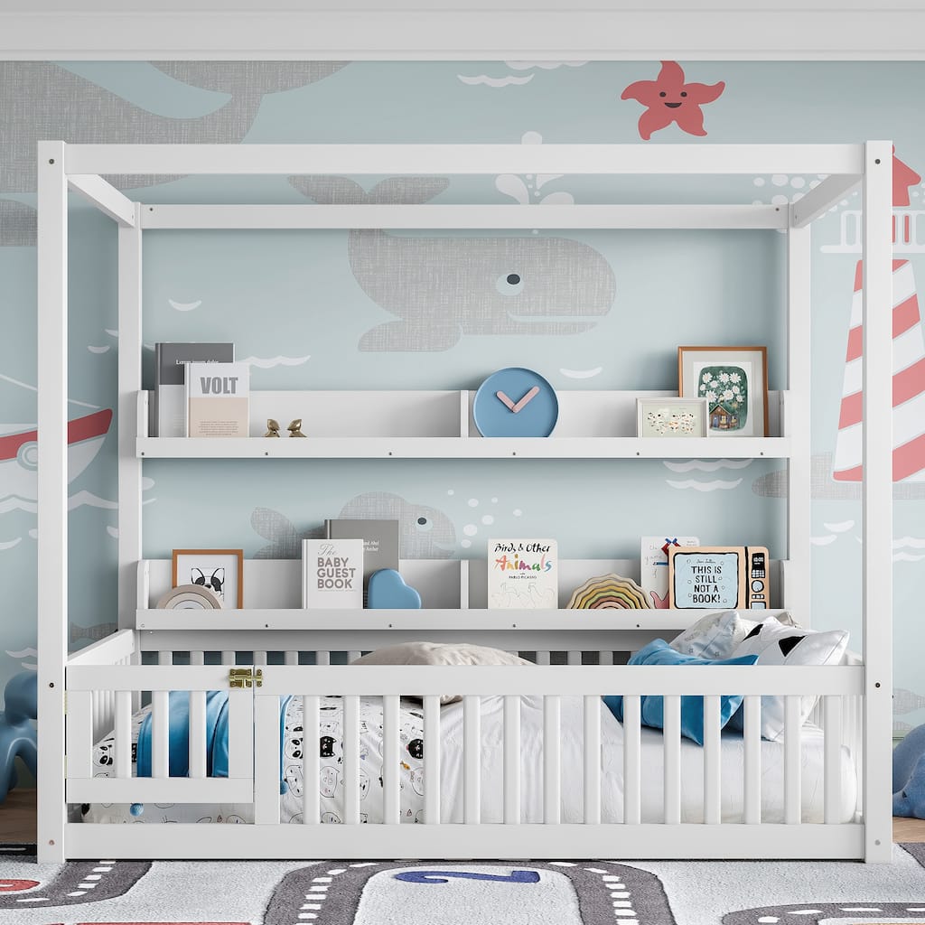 Montessori-Inspired Design Canopy Bed Kids Solid Wood Floor Bed Frame with Built-in Storage Shelves and Child-Safe Guardrails