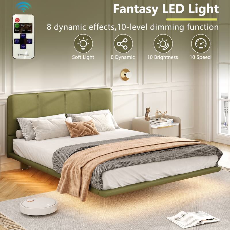 Modern PU Leather Floating Platform Bed with LED Lights, No Boxing Spring Needed
