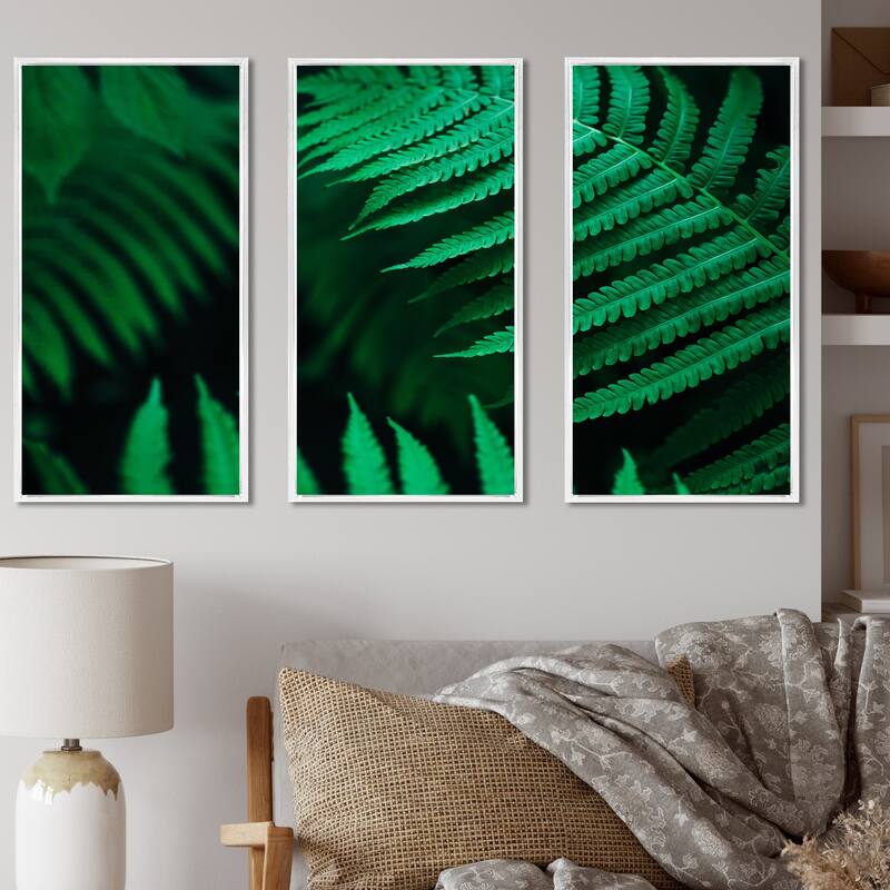 Designart "Dark Green Fern Leaf On Black III" Tropical Framed Wall Decor Set of 3 - 4 Colors of Frames - 48 in. wide x 32 in. high - 3 Panels - White