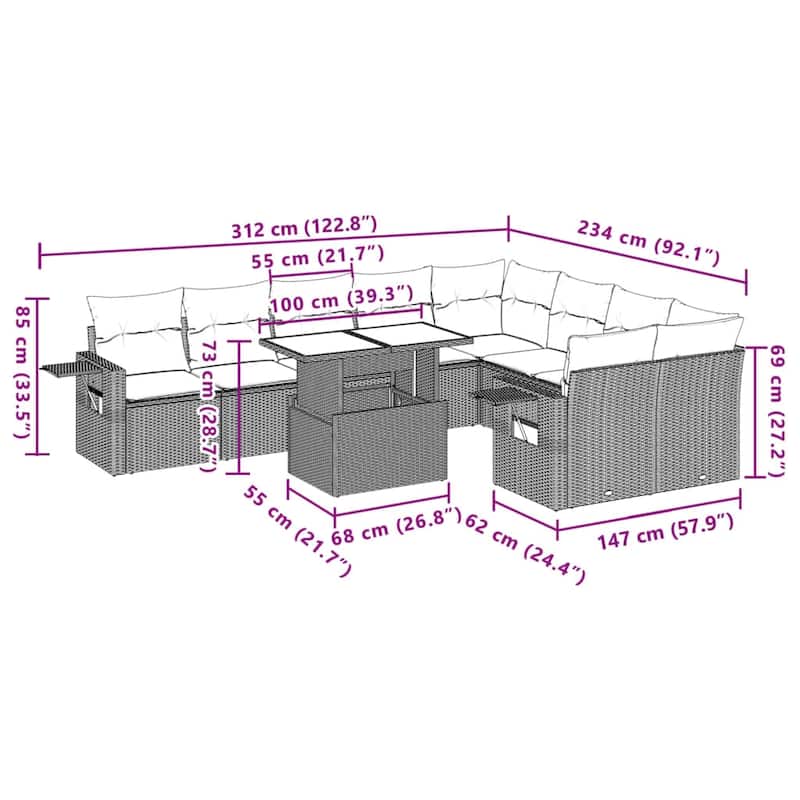 vidaXL Patio Sofa Set with Cushions Outdoor Furniture 10 Piece Poly Rattan - 21.7 x 39.4 x 28.7