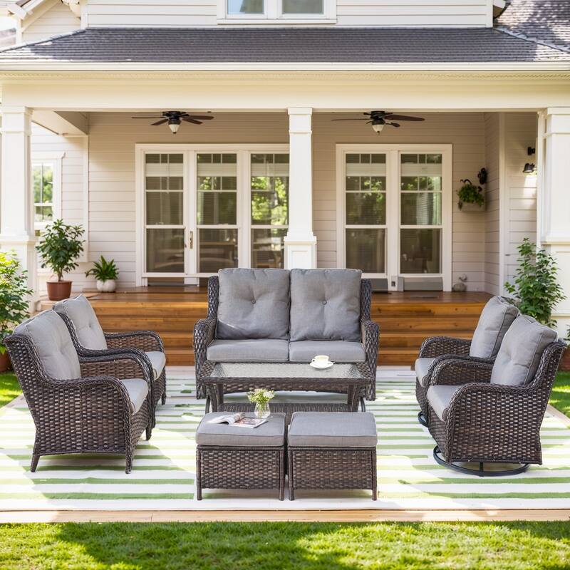 All Weather Rattan Swivel Chair with Glider Sofa Ottoman Set - Grey - Brown
