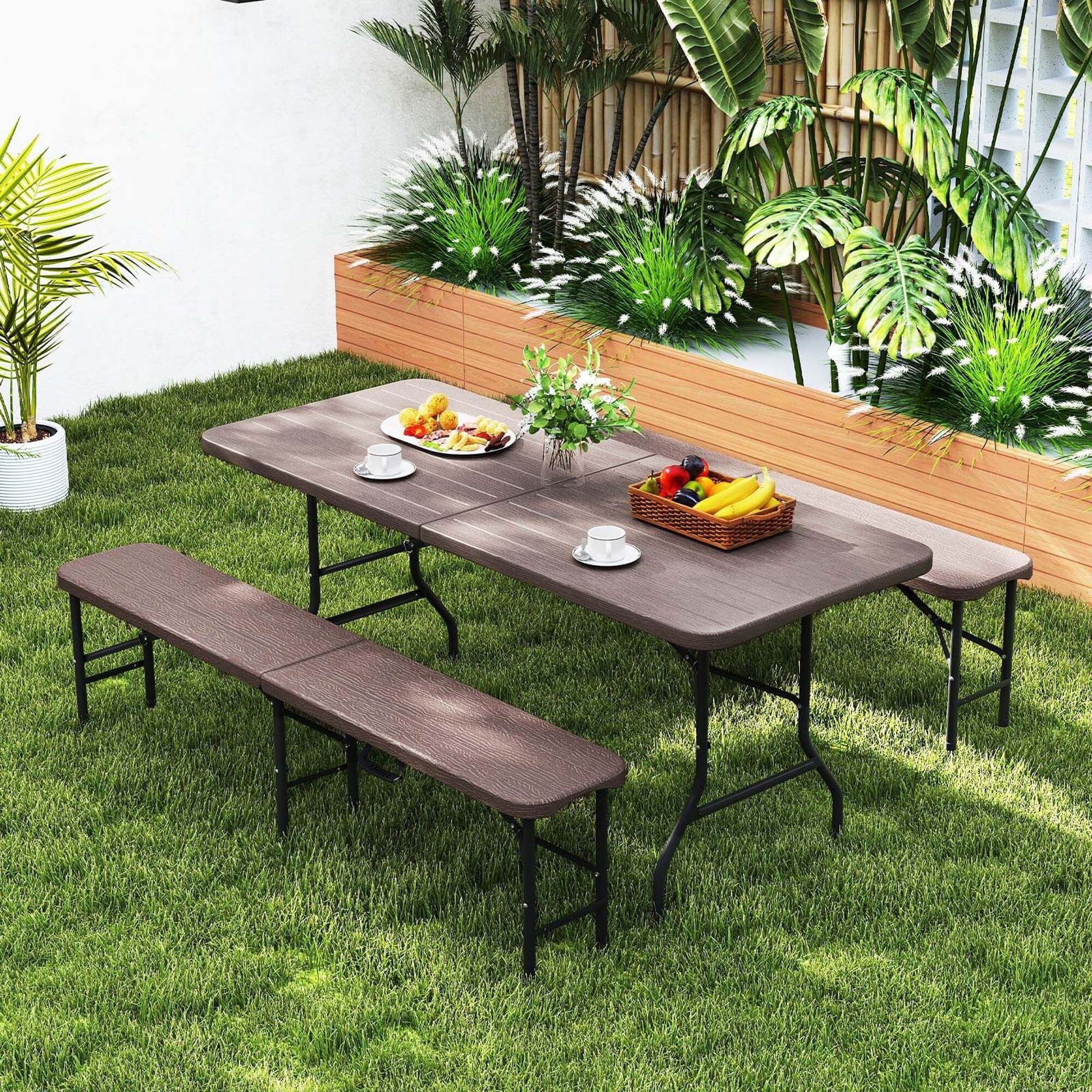 3 PCS Folding Picnic Table Set 6ft HDPE Folding Table & Benches