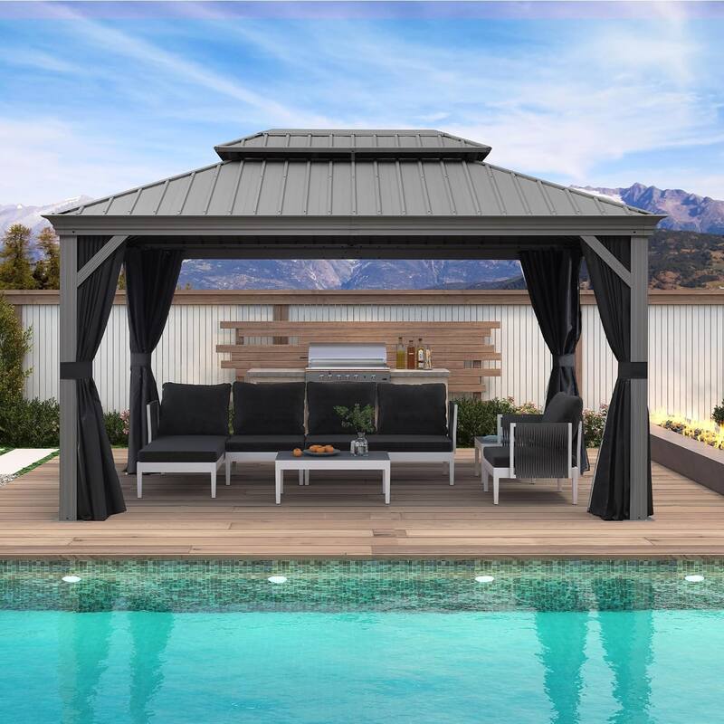 PURPLE LEAF Patio Gazebo for Backyard Hardtop Galvanized Steel Frame with Upgrade Curtain - Light Grey