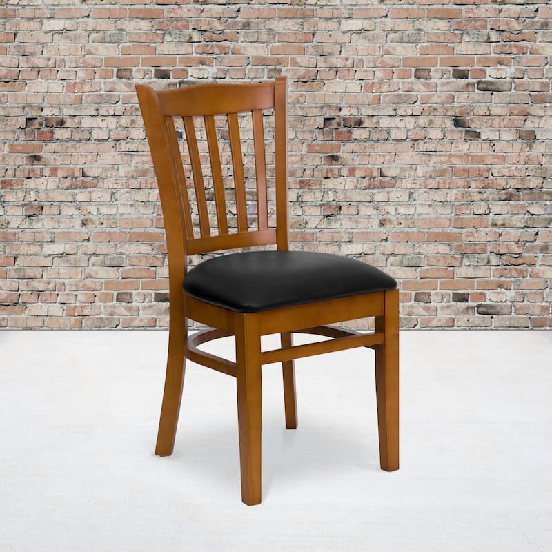 Cherry Hardwood Slat Back Restaurant Chair - 17.5"W x 20.75"D x 34.5"H - black vinyl seat/cherry wood frame