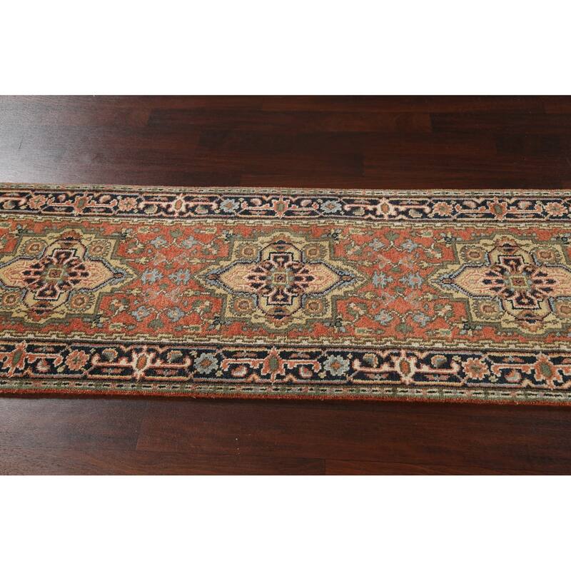 Hand Knotted Oriental 100% Wool Carpet Traditional Geometric Oranges & Rust Indo Heriz Serapi Runner Rug - 11' 11'' X 2' 7''