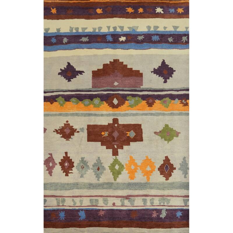 Vegetable Dye Geometric Gabbeh Turkish Area Rug Handmade Wool Carpet - 8' 9'' X 6' 0''