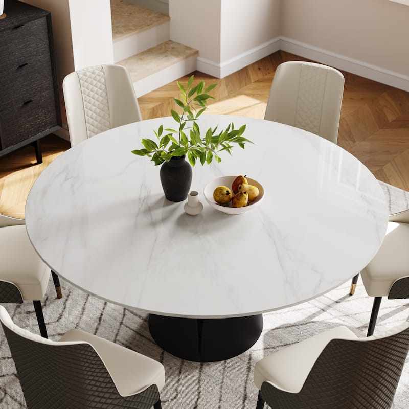 Modern Round White Dining Table, Matte Sintered Stone Tabletop, Solid Black Carbon Steel Base