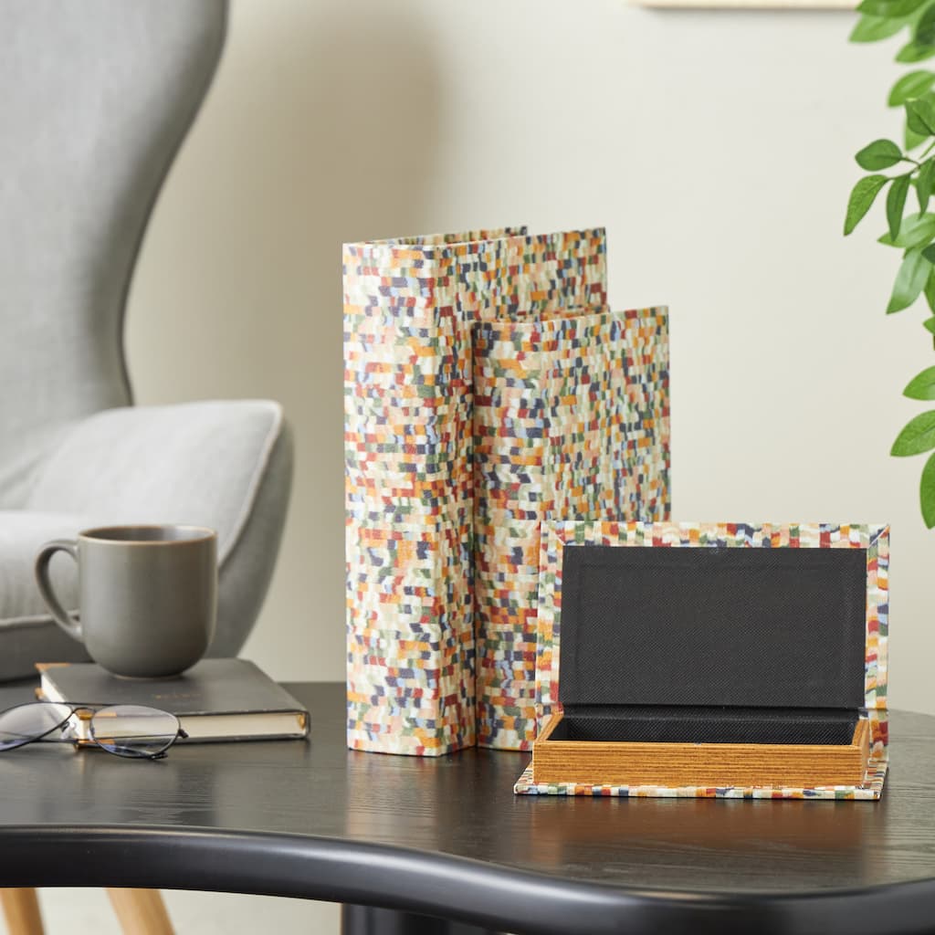 Multi Colored Faux Leather Faux Book Storage Decorative Box with Multi-colored Geometric Patterns (Set of 3)