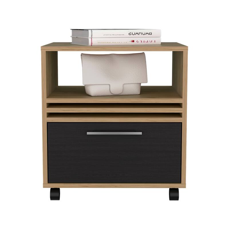 Natural Oak Nightstand with Drawer, Wheels, and Shelf for Modern Bedrooms