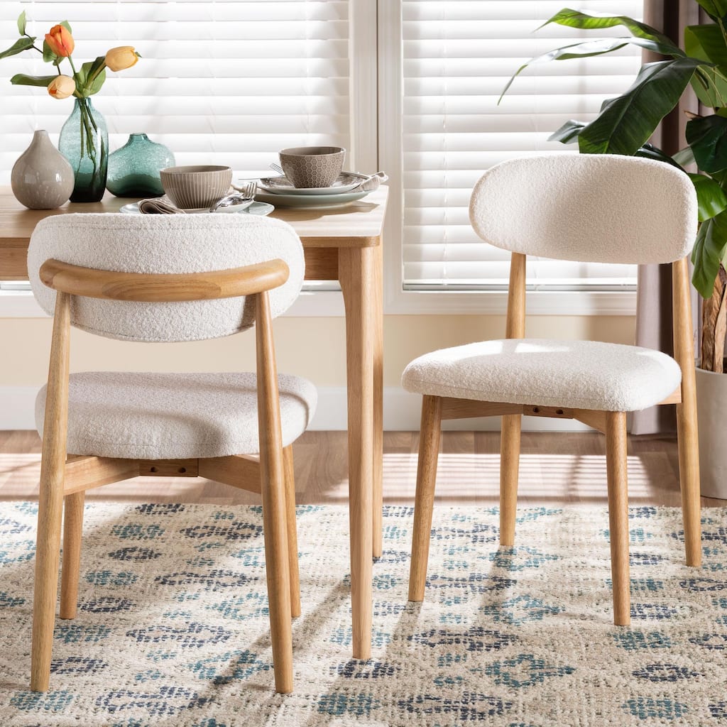 Wattsu Boucle Upholstered Dining Chair Set of 2- Mid-Century Modern Side Chair with Rounded Backrest, Natural and White