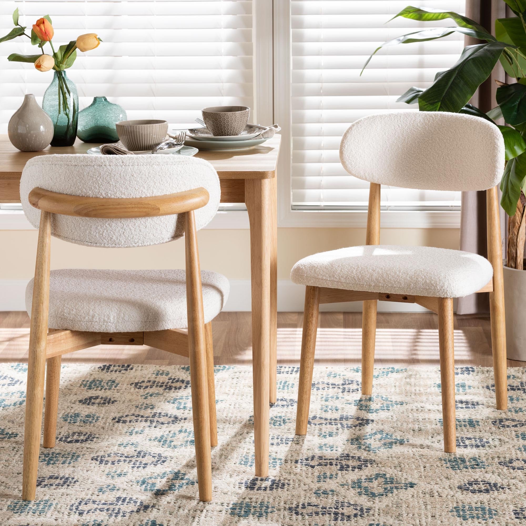 Wattsu Boucle Upholstered Dining Chair Set of 2- Mid-Century Modern Side Chair with Rounded Backrest, Natural and White