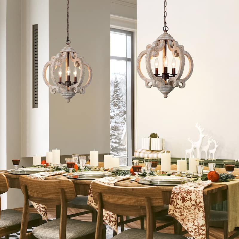 French Country Wood 3-Light Crown Distressed Off-white Chandelier for Dining Room - White Wood - D15.5"x H 19"