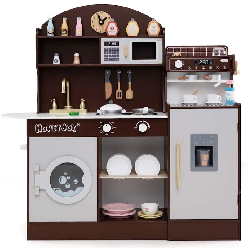 Pretend Kids Kitchen Playset Wood Toy Kitchen w/Sound for Aged 3+ - Brown