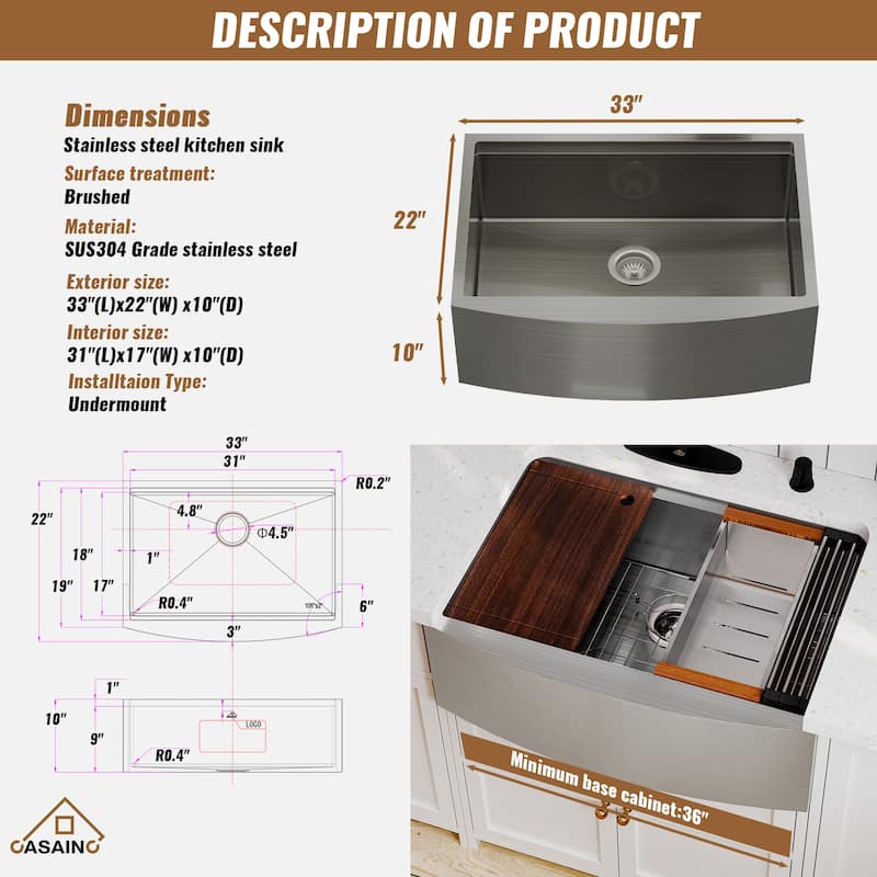 Stainless Steel Sink 16-Gauge Single Bowl Farmhouse Apron Workstation Kitchen Sink in Brushed with Accessories