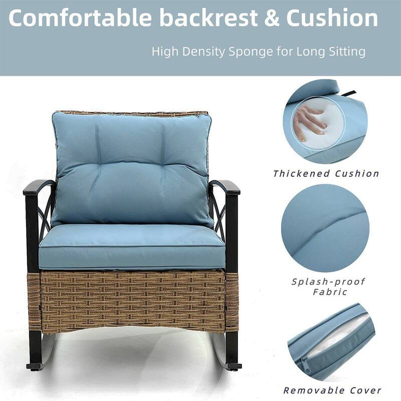 3 Pieces Patio Rocking Rattan Set, Outdoor Bistro Set with Cushions - 1 Table,2 Rocking chairs