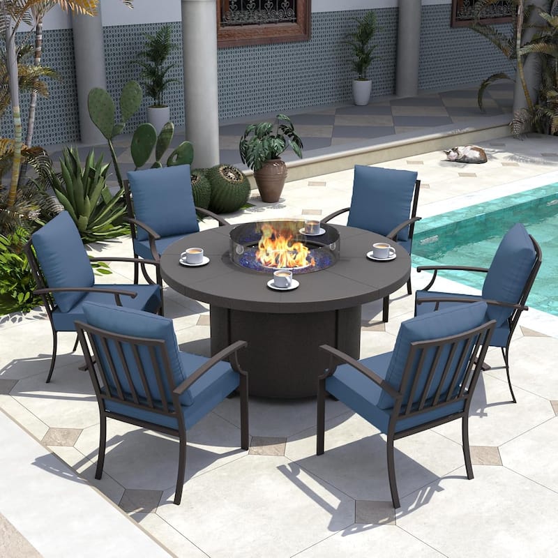 Metal 7 Piece Outdoor Dining Set with Round Fire Pit - 6Chairs + RoundFirepit - NavyBlue