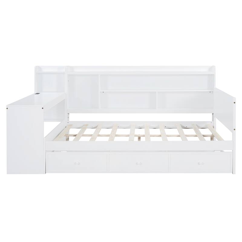 White Full Size Modern Style Wooden Daybed with 3 Drawers,USB Ports and Desk for Bedroom