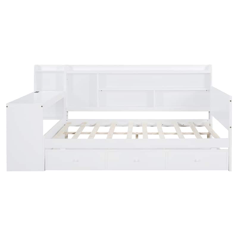 White Full Size Wooden Daybed with Drawers, USB Ports, and Desk