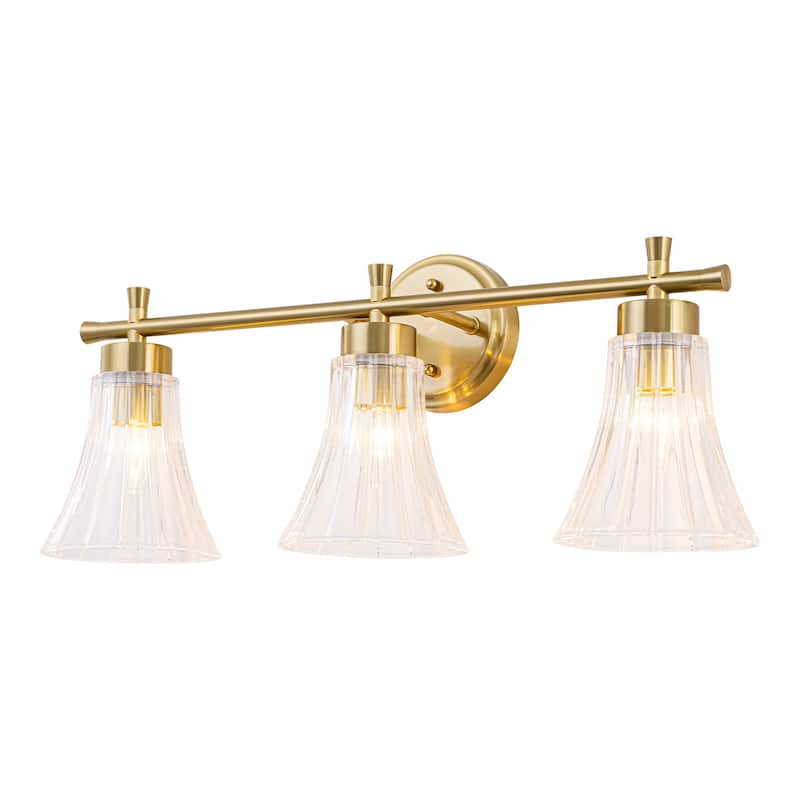 Gold Metal Wall Sconce Ribbed Trumpet Glass Shade for Bathroom Vanity