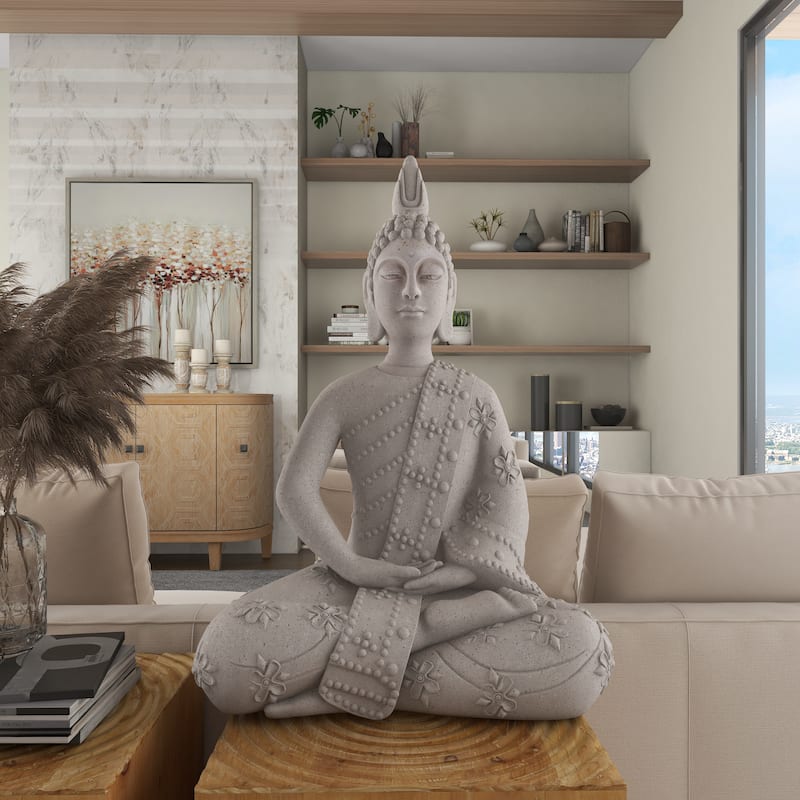 Gray Magnesium Oxide Indoor Outdoor Meditating Buddha Decorative Garden Sculpture with Floral Carvings and Beaded Details