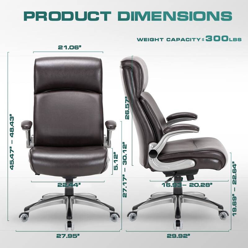 Big & Tall Office Chair 300lbs - Ergonomic High Back with Lumbar Support, Flip-Up Arms & Leather Cushion