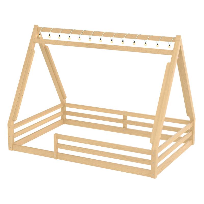 House Floor Bed with Tent and Light Montessori Kids Wood Bed Frame