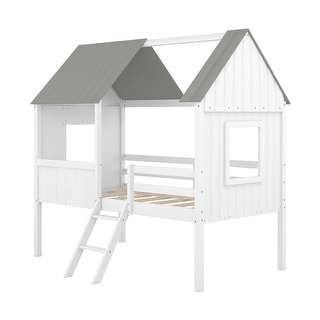 Charming Twin House Bed with Windows, Ladder & Safety Features