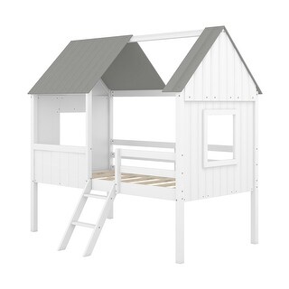 Twin Low Loft Wood House Bed with Windows, Ladder & Guardrails